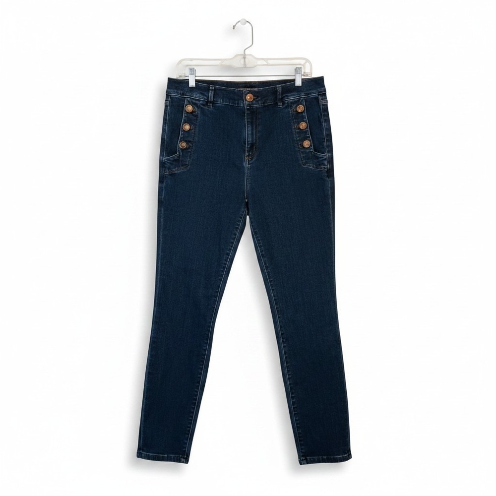 Ann Taylor Women 12 Sailor Look Skinny Ankle Tortoise Button Pocket Hi Rise Jean
